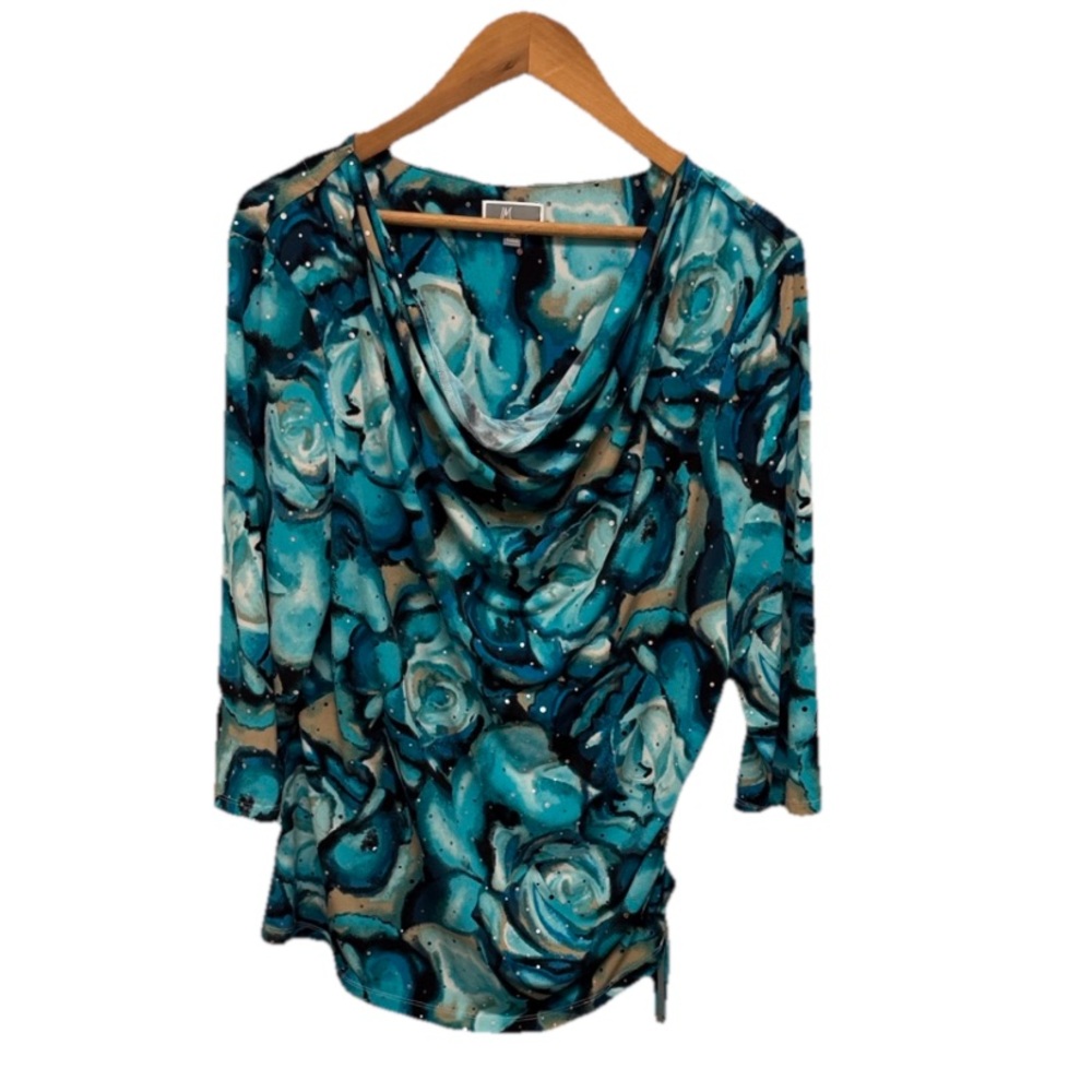 JM Collection Floral‎ Cowl Neck Sequin Womens XL Blouse Retro 90s Party Colorful